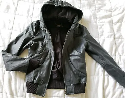 Muubaa Leather Hooded Bomber Jacket Knit Wool Cuff Fitted Slim Zip Black XS/ 4 • $119