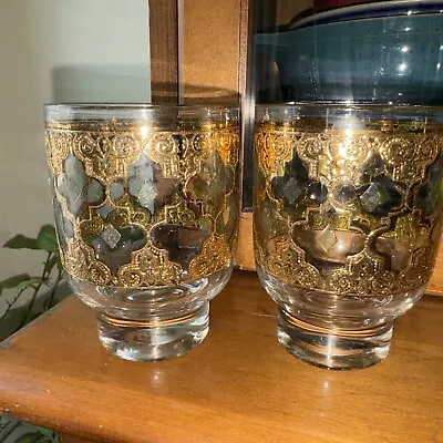 Vintage Culver Valencia Roly Poly Lo Ball Footed Glass Signed 22K Gold Set Of 2 • $30