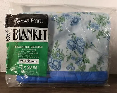 Vintage NOS Siesta Print Blanket W/Nylon Binding 72 ×90  Twin/Double Blue Floral • $23.99