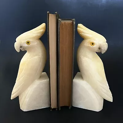 Vintage Italian Alabaster Marble Bookends 2 Hand Carved Cockatiel Bird Parrot • $86