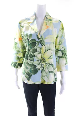 Linda Allard Ellen Tracy Women Floral 3/4 Sleeve Jacket Blue Green Linen Size 10 • $34.99