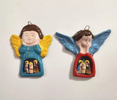 Mexico Folk Art Angel Ornament Set Nativity Handmade Vintage Blue Red Christmas  • $12