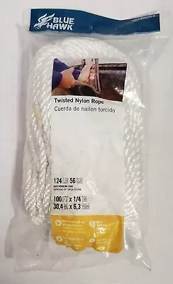 Blue Hawk Twisted Nylon Rope White 100ft X 1/4 - 124lb #0349264 New! • $11.90