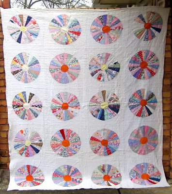 Antique  DRESDEN PLATE QUILT  Hand Stitched Hand PIECED  FEED SACK FABRIC • $110