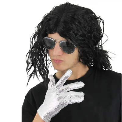 1990s 1980s Michael Jackson Jacko Relaxed Afro Wig Sunglasses Sequined Glove  • £12.99