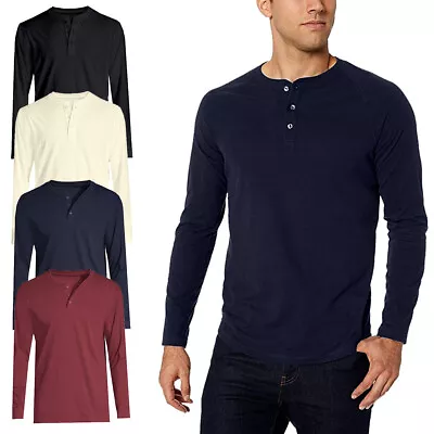 Mens Long Sleeve T-shirt Grandad Buttons Neck Plain Cuff Casual Hanley Top M-3XL • £5.99