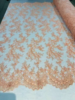 Lace Fabric - Peach - Floral Mesh Fancy Lace Design Fabric By The Yard • $23.12