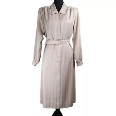 VTG 80s Diane Roberts Silky Shimmery Tan Pin Stripe Belted Button Front Dress L • $40