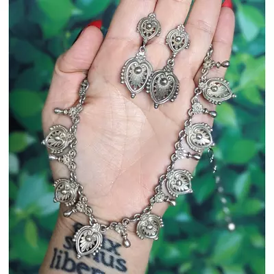 Vintage 1950s Filigree Sterling Silver Necklace & Earrings Set - 925 Boho India • $175