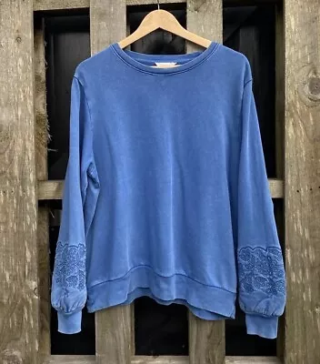 Per Una Pastel Blue Acid Wash Pure Cotton Floral Embroidered Sweatshirt Size 16 • £26