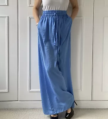 Zara Blue Wide Leg Soft Silky Jogger Style Trousers With Side Pockets ￼size M • £20