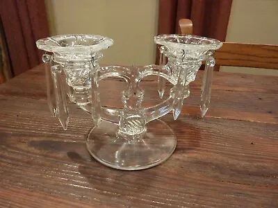 Vintage Clear Glass Candelabra 2 Arm With Bobeches & Prisms • $18.99