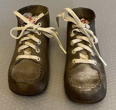 Antique Brown Leather Baby Shoes Lace Up Kids 5-1/4  X 2-1/8  Soles • $17.01