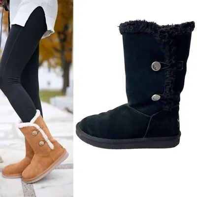 Koolaburra UGG Womens SZ 7 Black Button Suede Sheepskin Lined Kinslei Tall Boot • $29.59