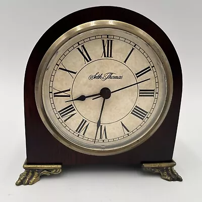 Seth Thomas Wood Mantel Desk Shelf CLOCK 5x5x3 Roman Numerals Plastic Face WORKS • $16.99