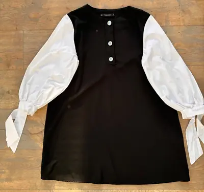 Ladies Zara Medium Black Shift Dress With Puff Sleeves With Large Tie Detail • $6.22