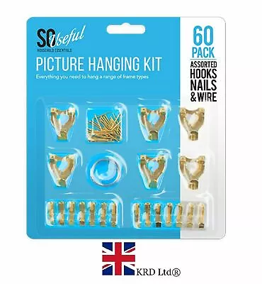 60 PICTURE HANGING KIT Mirror Photo Frame Hooks Brass Nail Wire Set Wall GEMS UK • £3.09