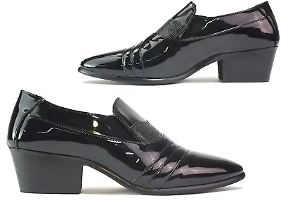 Mens Cuban Heel Black Shine Shoes Slip On Wedding Formal Outdoor Uk Sizes 8-12 • £21.83