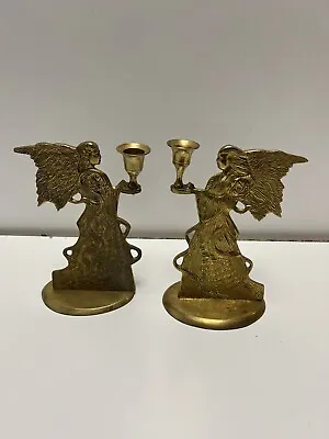 Set Of 2~Vintage Brass Angel Candle Holders ~6.5  Inches India • $8