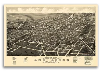 1880 Ann Arbor MI Vintage Old Panoramic City Map - 24x36 • $24.95