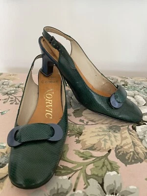 £10 • Buy Vintage Bottle Green Sling Back Shoes 1960s By A G Meek Size 3/3.5