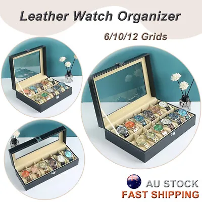 6/10/12 Grids Leather Watch Box Organizer Case Jewelry Display Storage Showcase • $16.95