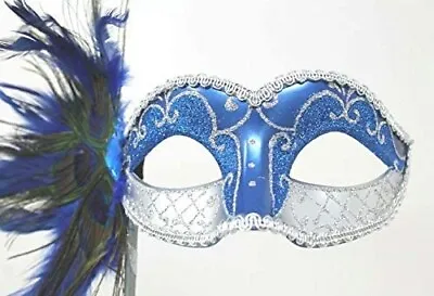 £16.95 • Buy Blue & Silver Mask Peacock Feathers Venetian Masquerade Ball Hand Held On Stick