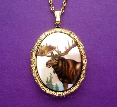 Porcelain MOOSE CAMEO Costume Jewelry Locket Necklace Moose Lodge Christmas Gift • $17.49