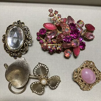 Mixed Vintage Brooches Lot Of 4 Pins Multicolors Faux Stones Pink Gold Tone • $29.99