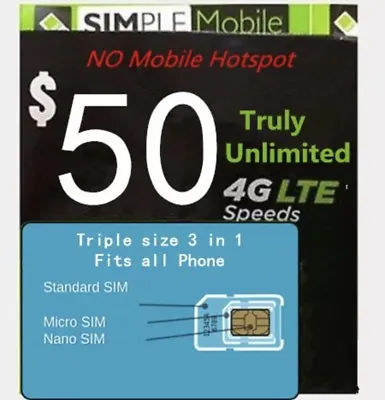 Simple Mobile Preload 1st Month $50 Truly Unlimited Data Plan (T-mobile Network) • $40