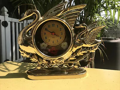 80s Tacky Kitsch Swan Clock  Vintage Quartz  Gold Flowers Taiwan Works 9.5” Tall • $15