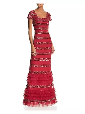 AIDAN MATTOX Womens Red Tiered-ruffle Trims Lined Cap Sleeve Gown Dress 0 • $63.99
