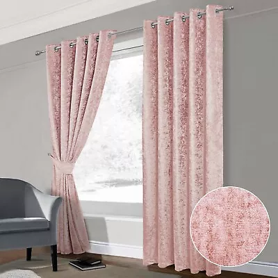 Luxury Crushed Velvet Pink Curtains Pair Fully Lined Eyelet Ring Top 65x54  • £13.50