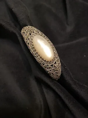 Vintage Sterling MOP Bangle Bracelet Marcasite Hinged Scroll Work Oval 22grams • $41.95