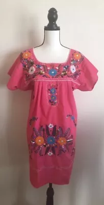 Pink Mexican Traditional Embroidered Shift Knee Length Dress Size L/XL • $19.99