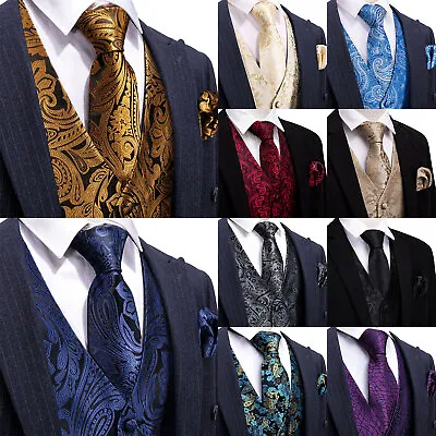 Barry Wang Mens Waistcoat Deigner Jacquard Woevn Vest Tie Set Pocket Square Coat • £14.99