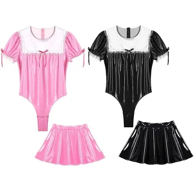 Men's Sissy French Maid Costume Patent Leather Lingerie Bodysuit Skirt Outfits • $22.99