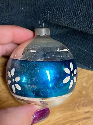 Vintage Mercury Glass Blue Floewer Christmas Ornament US Of A Round 2.5  • $7