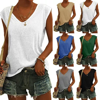 $8.99 • Buy Womens V Neck Solid Tank Vest Tops Ladies Summer Casual Loose Sleeveless T-Shirt