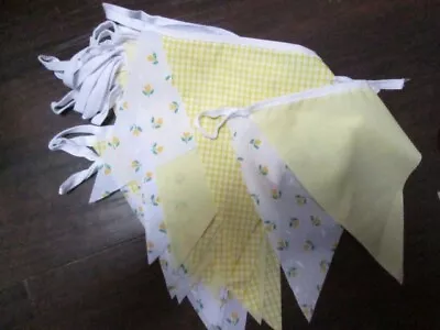 10 Metres Used Lemon Yellow Check Floral Mix Vintage Shabby Chic Fabric Bunting • £6