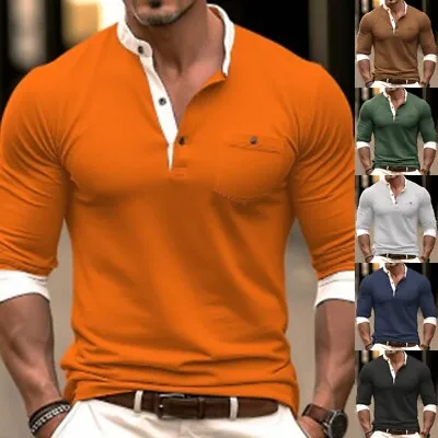 Mens Summer Tops Long Sleeve Polo Shirt Men Athletic Work Color Block T Shirts • $21.99