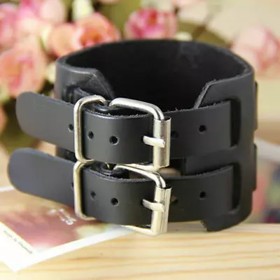 Adjustable Genuine Leather Bracelet Punk Wide Wrist Belt Wrap Men Cuff Wristband • $6.89