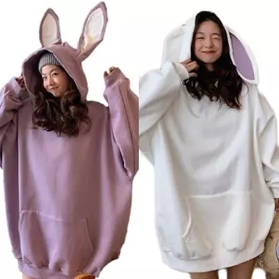 Kawaii Hoodies Women Lolita Winter Warm Oversized Sweatshirt Cute Bunny Ear Coat • £14.94