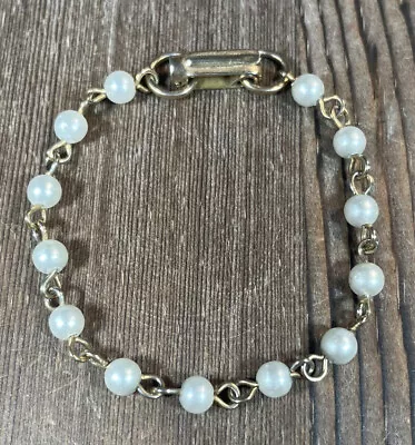 Vintage Baby Toddler Bracelet Gold Tone Link Faux Pearl Box Snap Closure 5.5” • $9.80