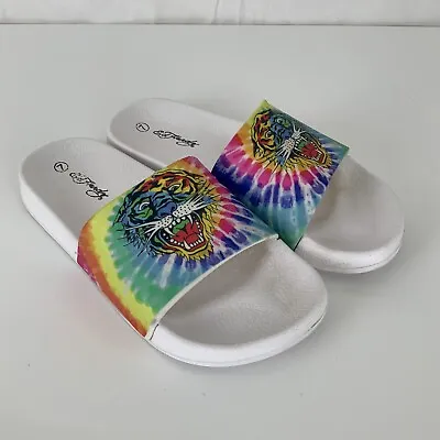 Ed Hardy Women's Sz 7 Tie Dye Tiger White Slides Sandals Y2K • $15.99