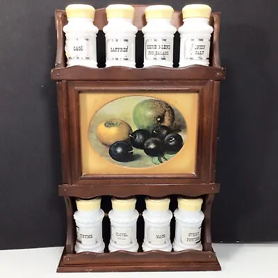 $75 • Buy VTG Milk Glass Spice Herb Jars Wooden Wall Rack Fruit Persimmon Plums 🍏 Apple