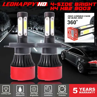 2x 4-Side Bright H4 HB2 9003 LED Headlight Conversion Bulbs Kit 60W 7600LM 6000K • $12.99