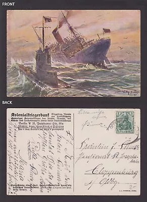 GERMANY Postcard Destruction Of An English Steamer WWI Railway Cancellation • $18