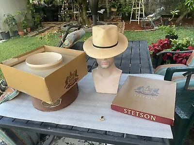 Vintage Excellent Stetson 1940s Genuine Panama Straw Fedora 7+ & Hat Box • $150