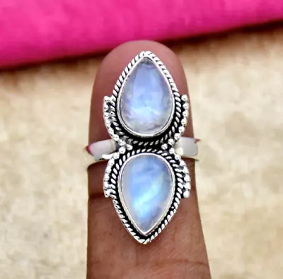 Moonstone Two Stone Handmade Designer Boho Ring  925  Silver All Size Avaliable • $14.82